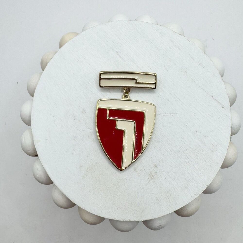 Trifari Red White Enamel Shield Brooch Pin Gold Tone Articulated Signed Vintage